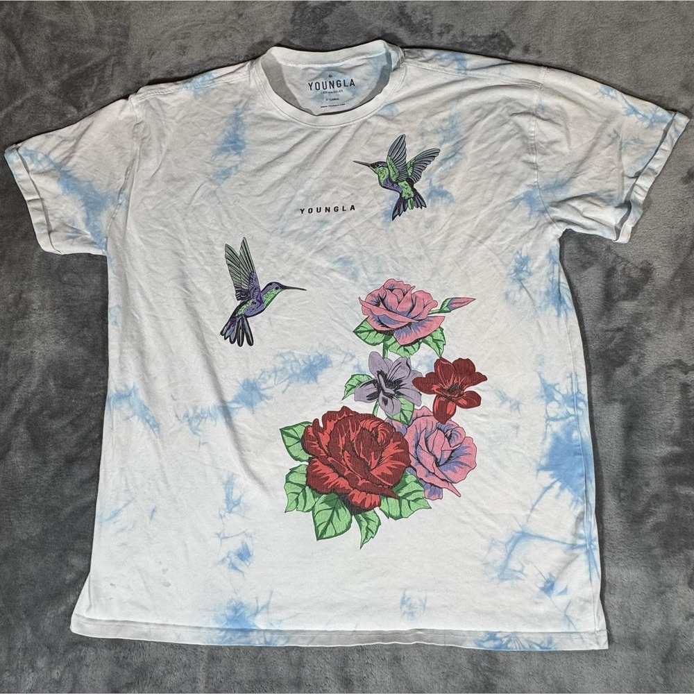 YoungLA Shirt Mens XL Multicolor Hummingbird Floral Tie Dye Graphic Crewneck Tee